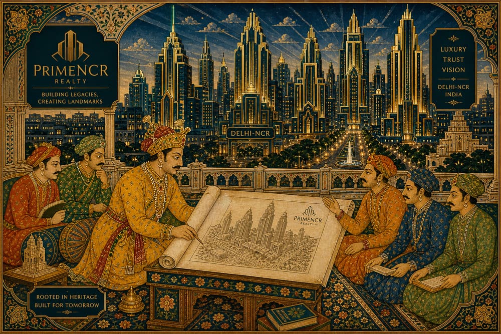 Royal court vignette with a city skyline beyond