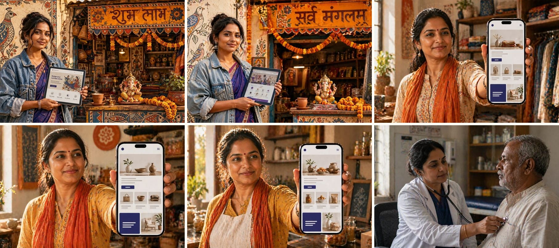 Six Indian shop owners holding their ApniSite-built websites — boutique, kirana, pottery, spice-grocery, traditional shop, clinic — composed as a 3×2 grid showcasing the full SMB persona range