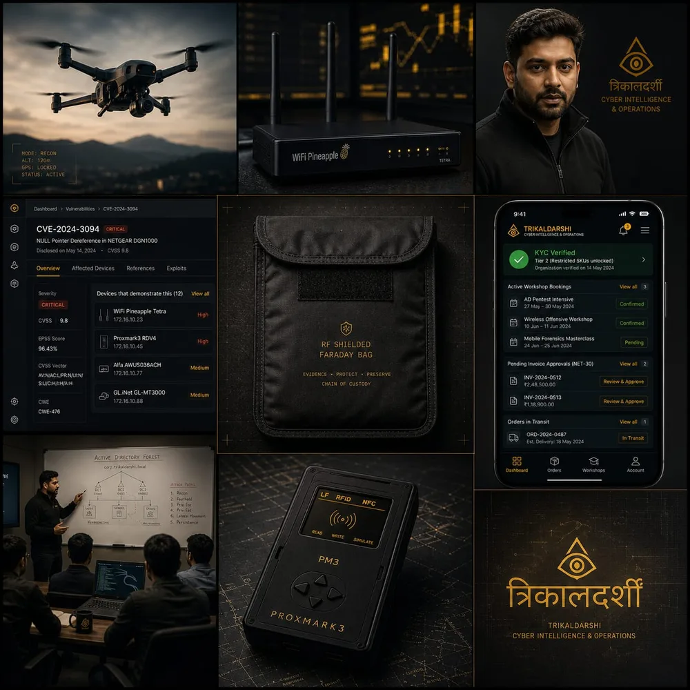 TrikalDarshi Labs mosaic — drone, RFID cloner, founder portrait, CVE dashboard, Faraday bag, Sanskrit wordmark